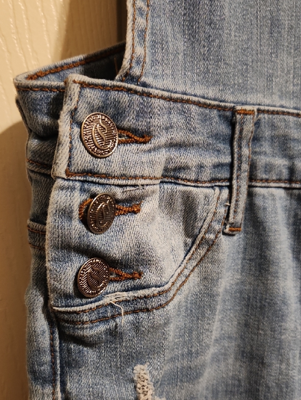 Cello Light Blue Distressed Skinny Denim Overalls, Small - Picture 4 of 14